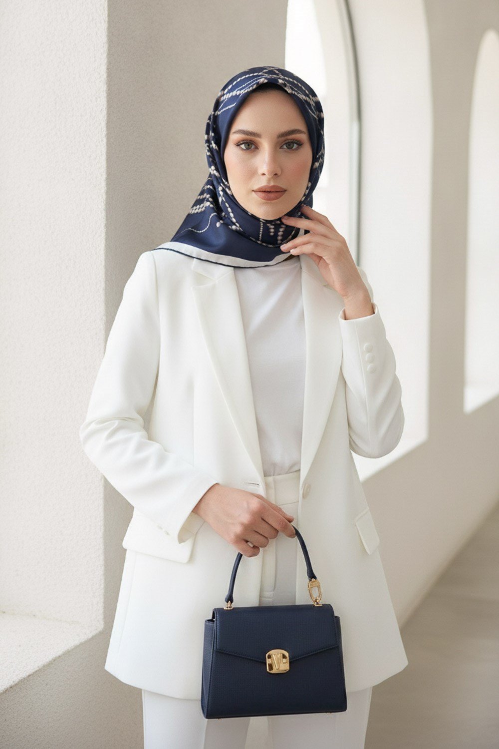 %100 Twill İpek İnci Desenli Lacivert - Beyaz Renkli 90x90 Eşarp Kenar Dikiş Şekli : El Dikişli