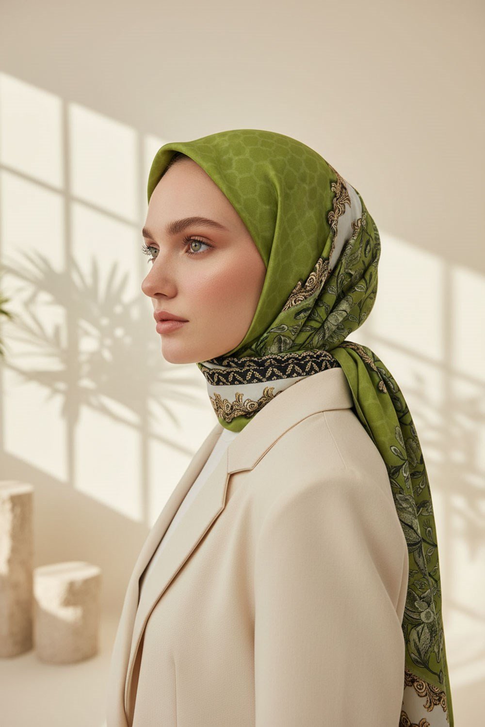 %100 Saf İpek Şal İnce Saten Vual Dokuma Yaprak Desenli Haki - Gold Renkli 90x210 Şal