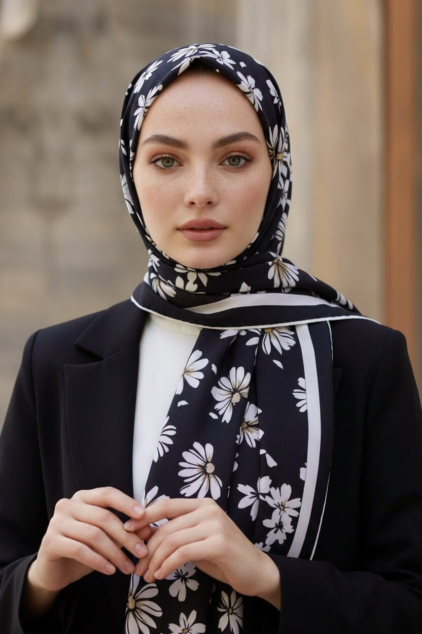 KREP PAPATYA DESENLİ SİYAH RENKLİ 75X195 KIRIŞMAZ ŞAL