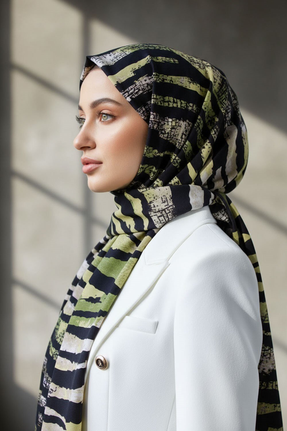 KREP ZEBRA DESENLİ HAKİ - SİYAH RENKLİ 75X195 KIRIŞMAZ ŞAL