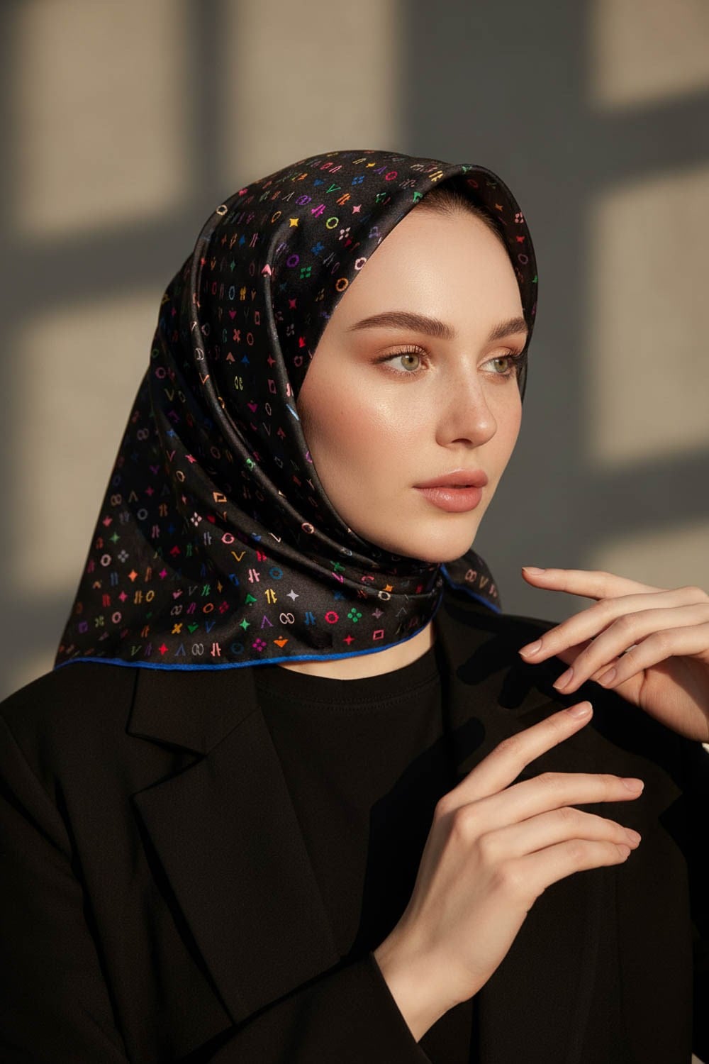 %100 Twill İpek Çıtır Motif Desenli Siyah - Saks Renkli 90x90 Eşarp Dikim Şekli : El Dikişi