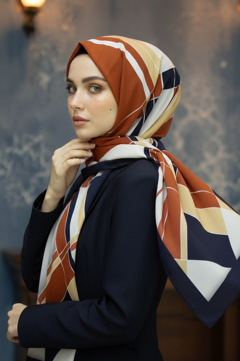 KREP GEOMETRİK DESENLİ TABA RENKLİ 75X195 KIRIŞMAZ ŞAL