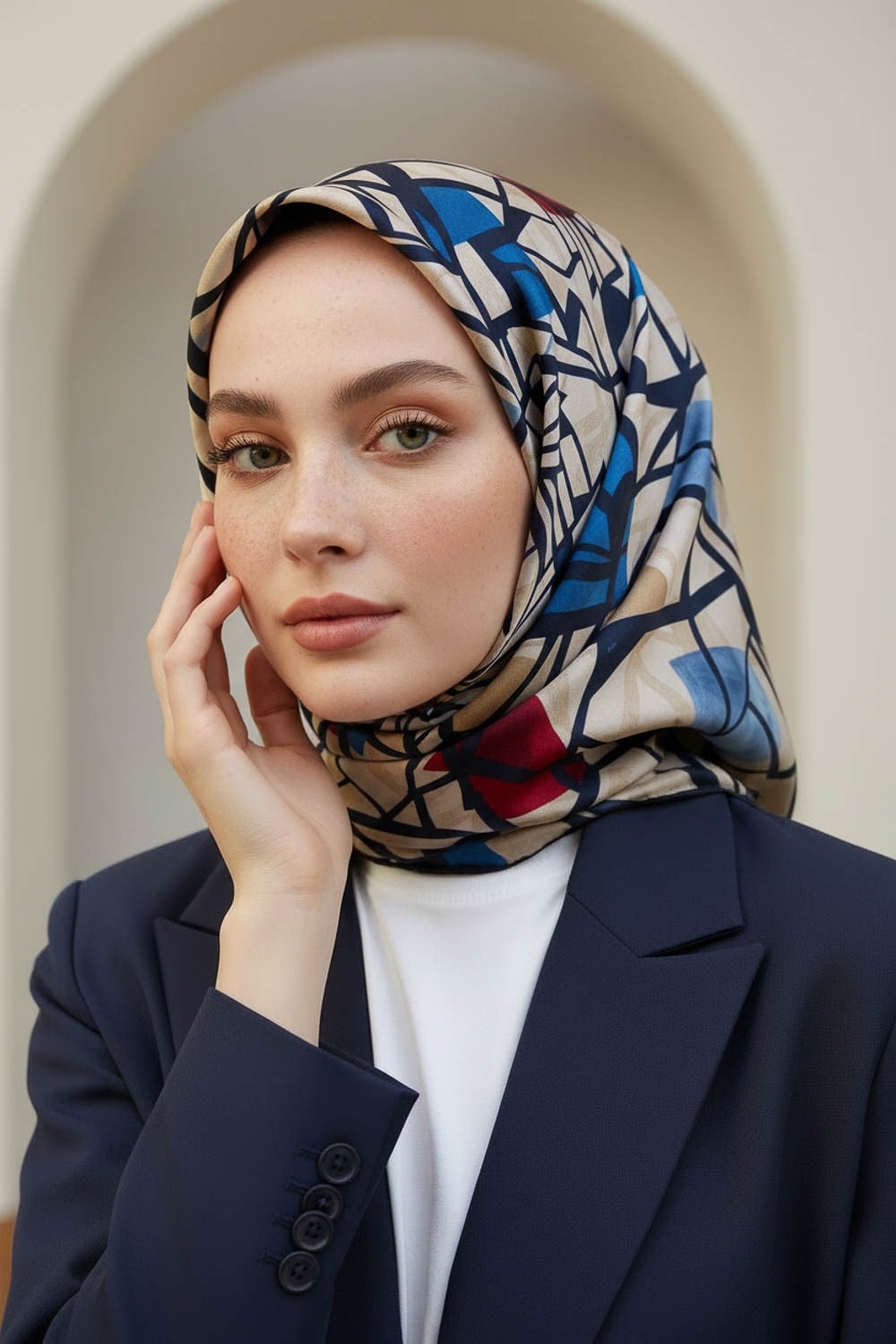 %100 Twill Renkli Petek Desenli Mavi - Kırmızı Renkli 90x90 Eşarp Dikim Şekli: El Dikişii
