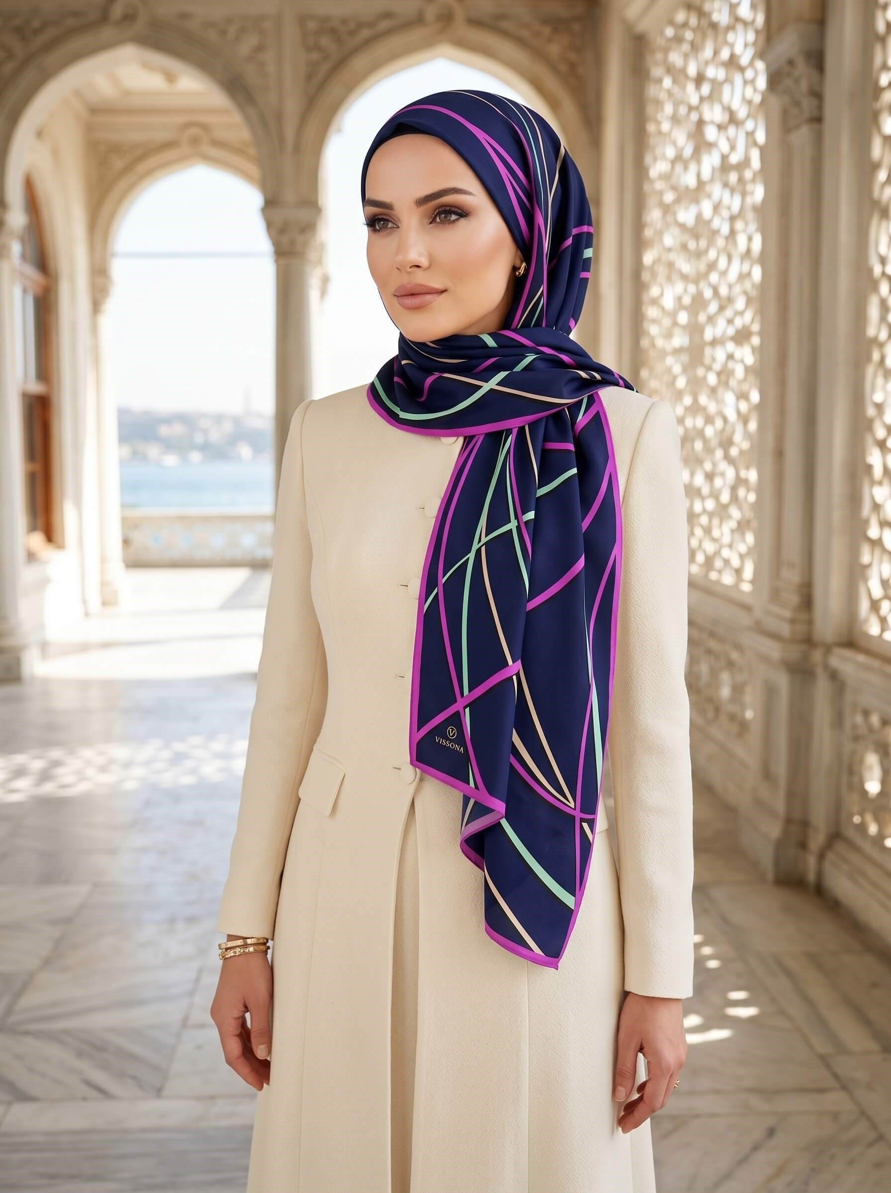%100 Saf İpek Şal İnce Saten Vual Dokuma Çizgi Desenli Lacivert - Fuşya Renkli 90x210 Şal