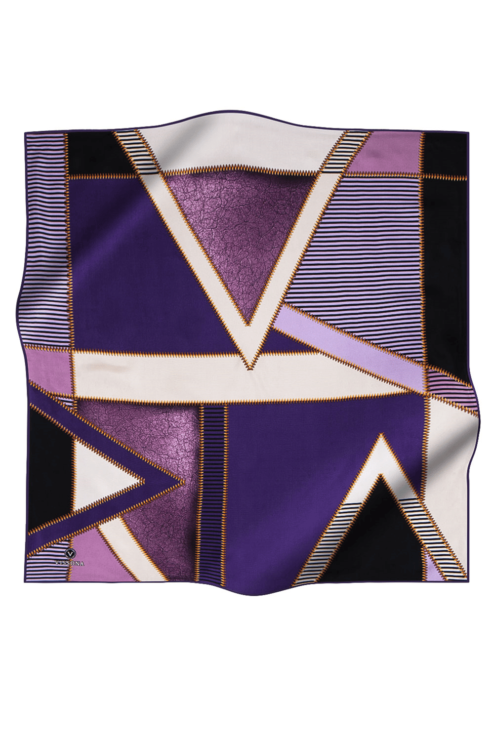 %57 İPEK % 43 VİSKON Twill İpek Geometrik Desenli Mor - Lila Renkli 90x90 Eşarp Dikim Şekli : El Dikişi