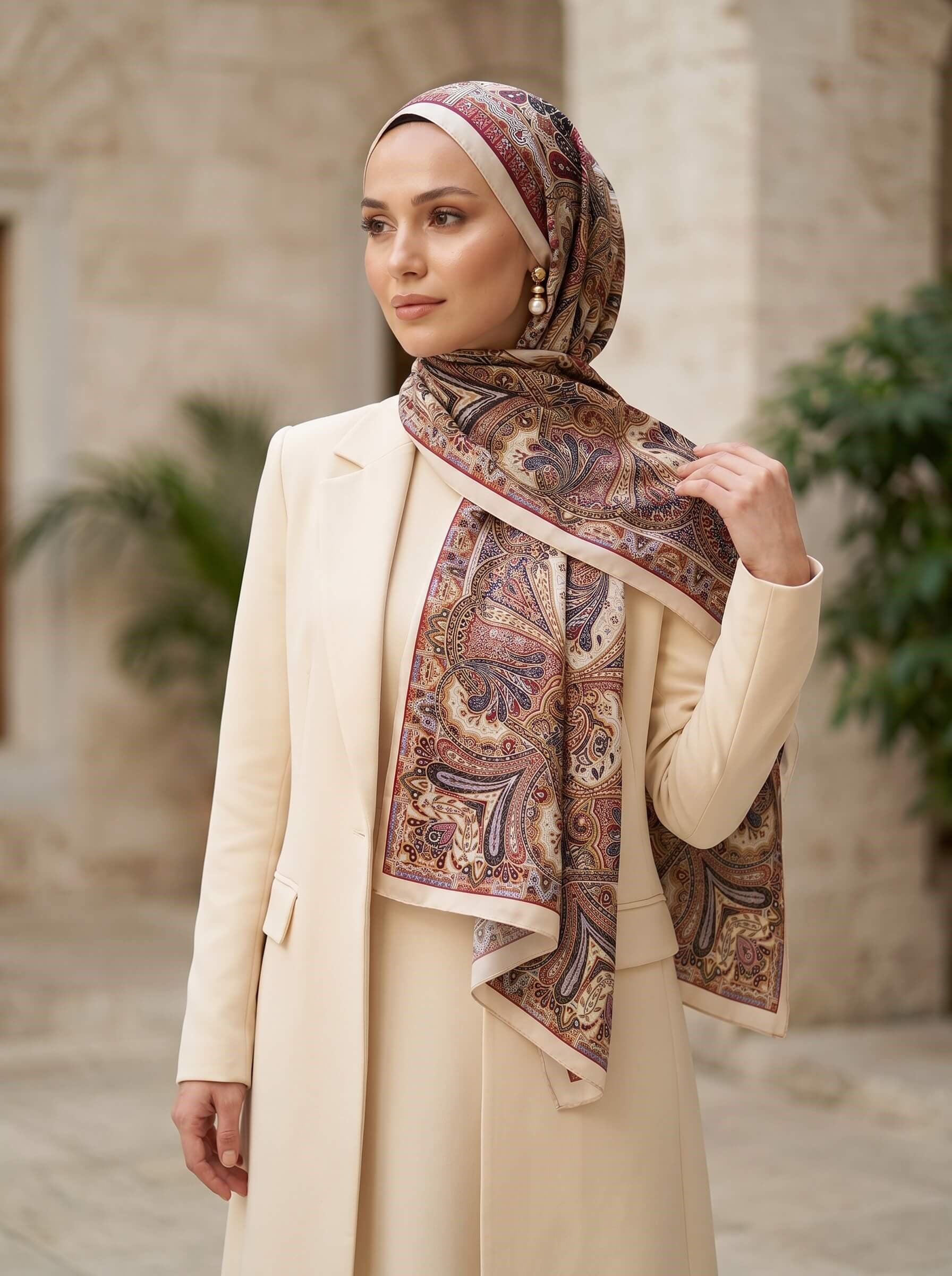100% İpek Etro Desenli Taş - Bordo Renkli 92x210 Şal