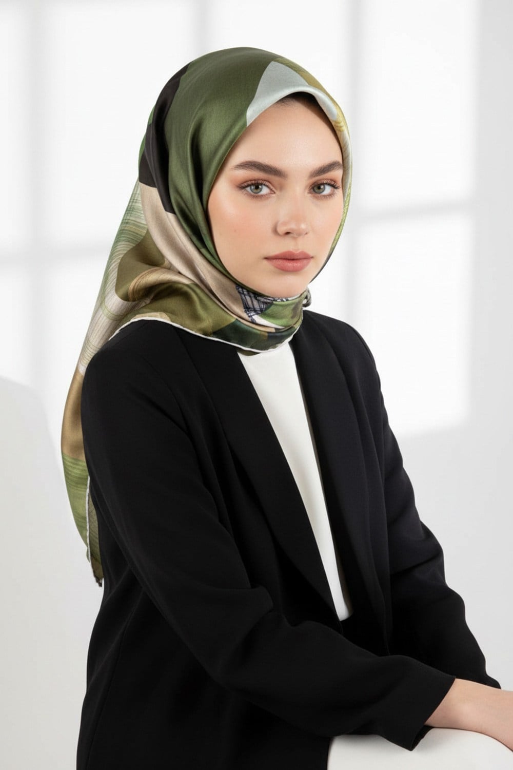 Twill Geometrik Desenli Haki Renkli 90x90 Eşarp (İpek İçermez) Kenar Dikiş Şekli El Dikişli