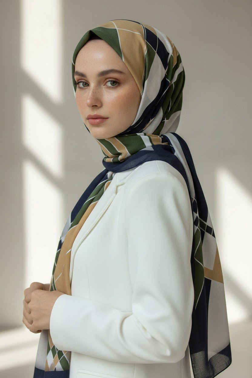 KREP GEOMETRİK DESENLİ HAKİ RENKLİ 75X195 KIRIŞMAZ ŞAL