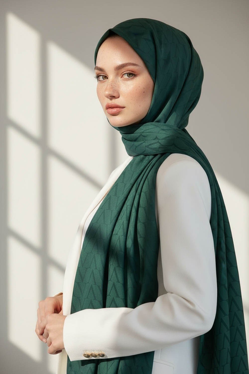 KREP DEGRADELİ MONOGRAM DESENLİ PETROL YEŞİLİ RENKLİ 75X195 KIRIŞMAZ ŞAL