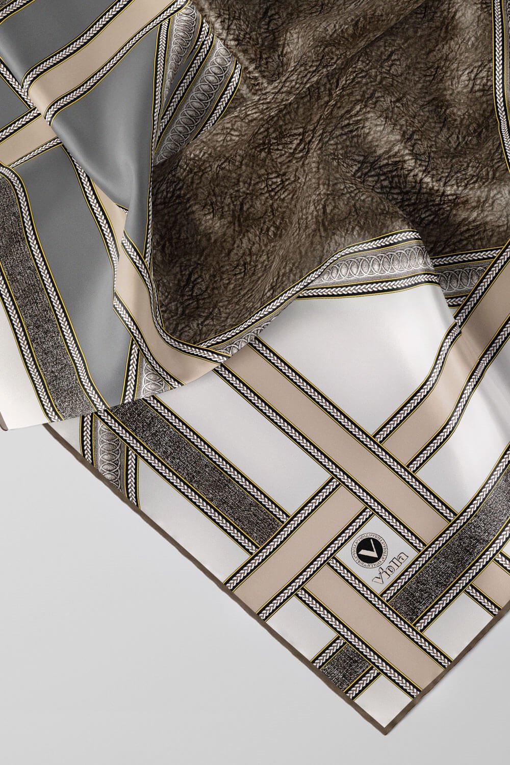 Twill Bordür Taş Desenli Bej Renkli 90x90 Eşarp (İpek İçermez) Kenar Dikiş Şekli El Dikişli