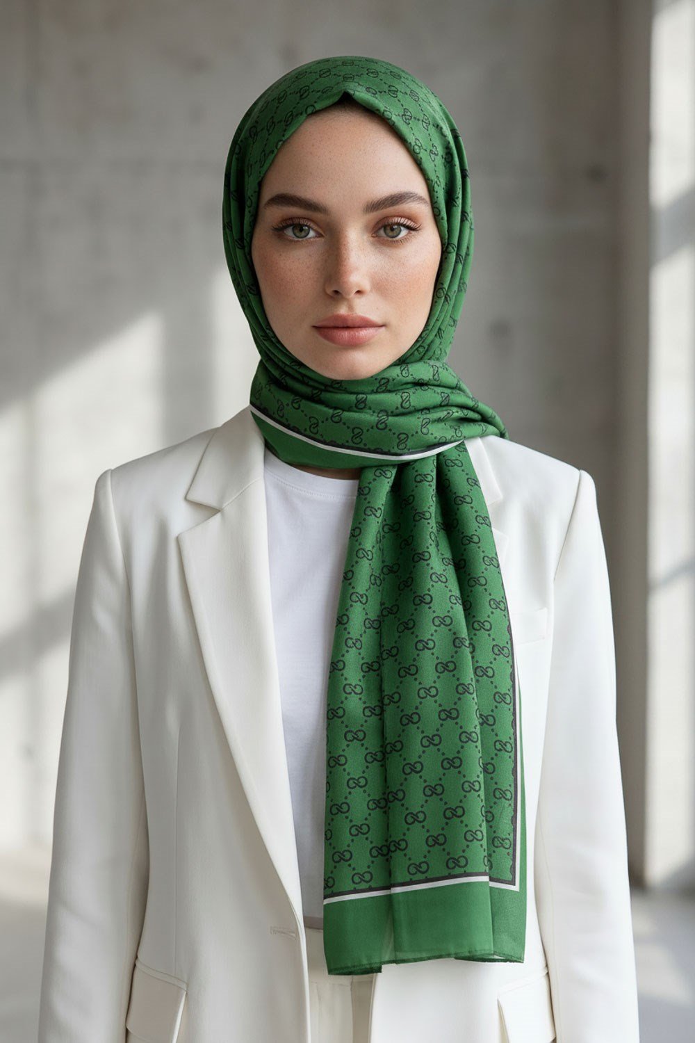 %100 Saf İpek Şal İnce Saten Vual Dokuma Minik Motif Desenli Zümrüt Yeşili Renkli 90x210 Şal