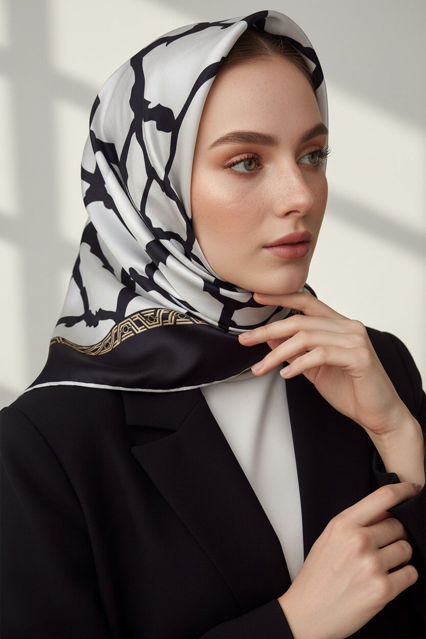 %100 Twill Taş Desenli Krem - Siyah Renkli 90x90 Eşarp Dikim Şekli: El Dikişi