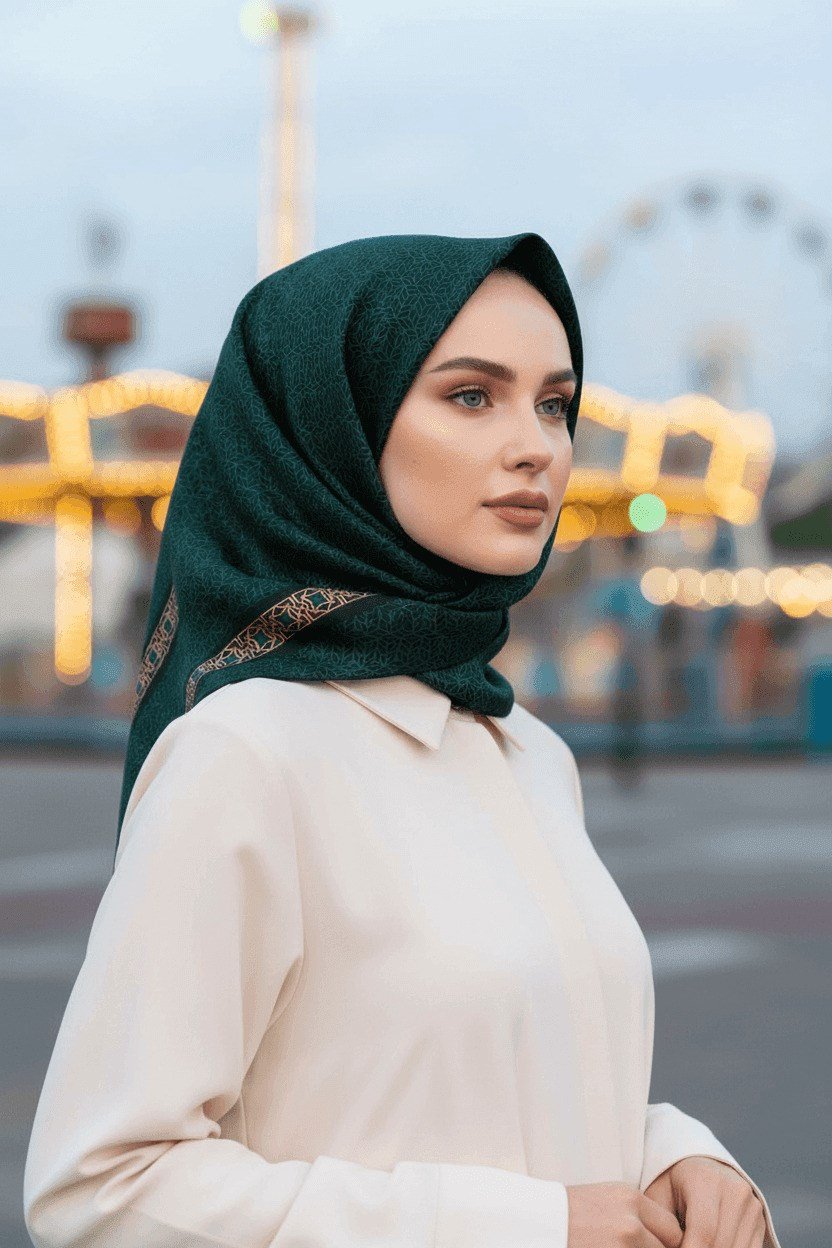 % 57 İPEK % 43 VİSKON Twill İpek Geometrik Desenli Zümrüt Yeşili - Siyah Renkli 90x90 Eşarp Dikim Şekli : El Dikişi