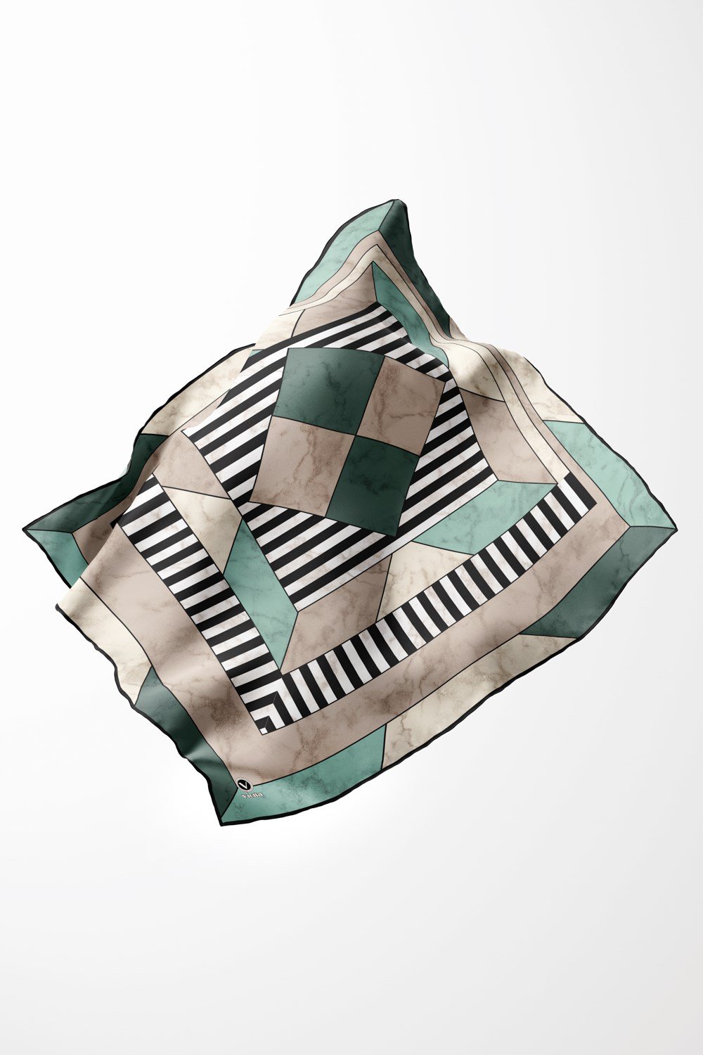 Twill Çizgili Geometrik Mermer Desenli Mint Yeşili Renkli 90x90 Eşarp (İpek İçermez) Kenar Dikiş Şekli El Dikişli