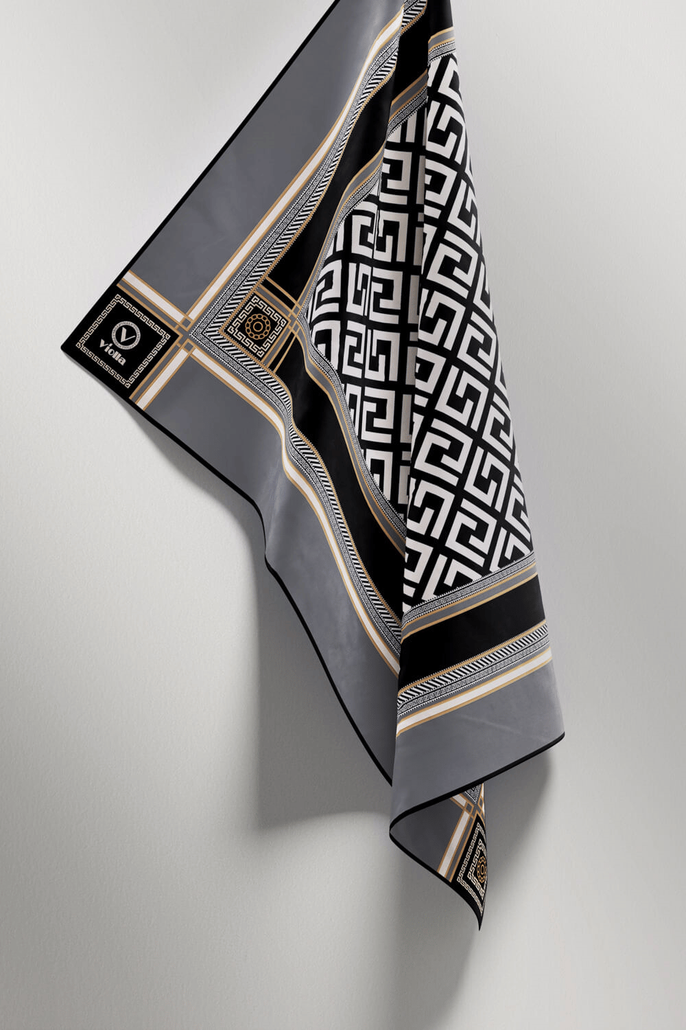 Twill Antik Desenli Gri Renkli 90x90 Eşarp (İpek İçermez) Kenar Dikiş Şekli El Dikişli