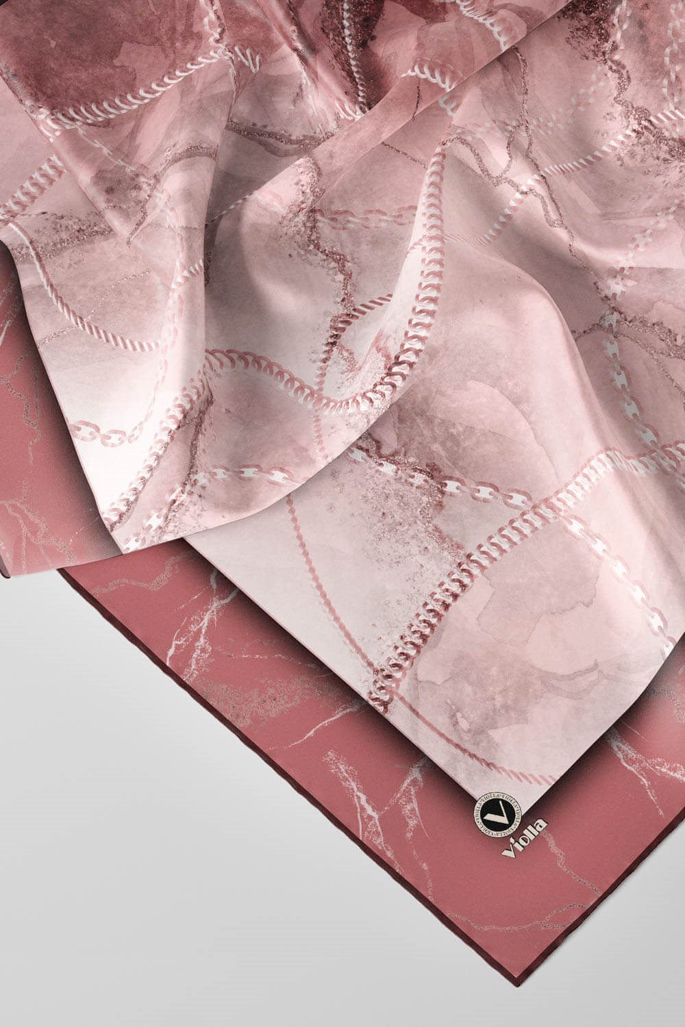 Twill Mermer ve Zincir Desenli Pudra Renkli 90x90 Eşarp (İpek İçermez) Kenar Dikiş Şekli El Dikişli