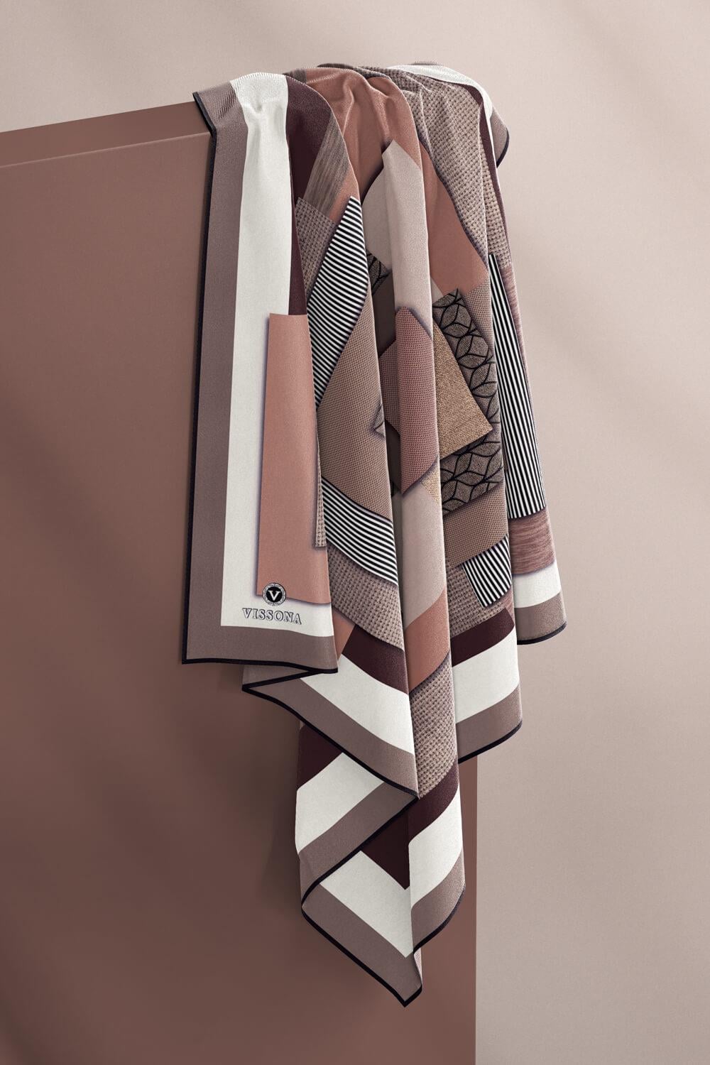 %100 Twill İpek Geometrik Desenli Bakır - Bej Renkli 90x90 Eşarp Dikim Şekli : El Dikişi