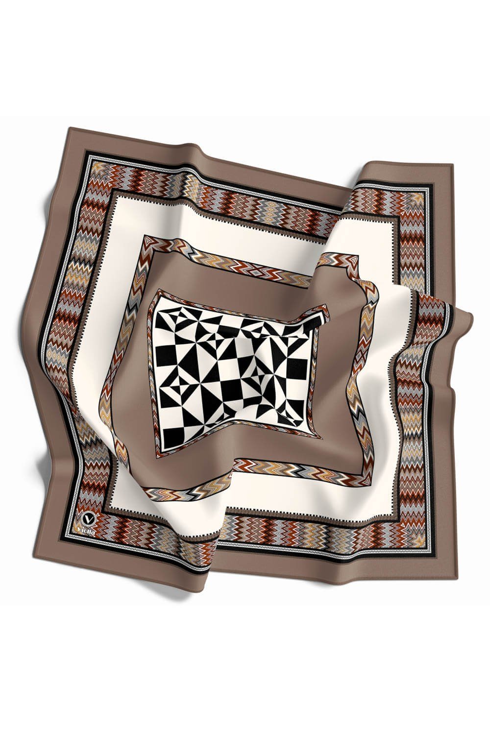Kristal Geometrik Desenli Bej - Krem Renkli 90x90 Dikim Şekli : El Dikişi Eşarp (İpek İçermez)