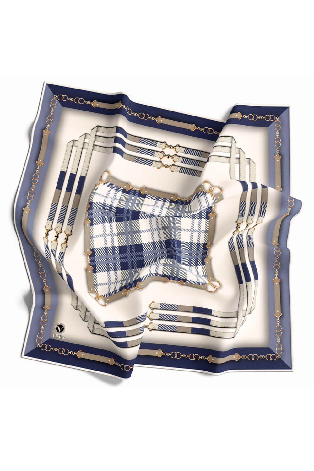 Twill Ekoseli Ve Zincir Desenli İndigo Renkli 90x90 Eşarp (İpek İçermez) Dikim Şekli : El Dikişi