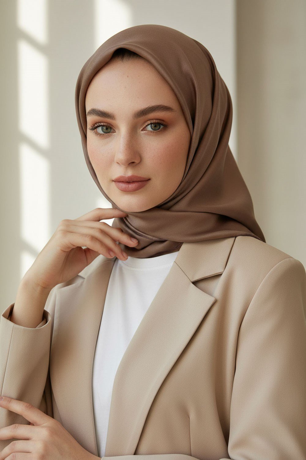 %100 Twill İpek Düz Bej Renkli Daha Tok Exclusive Serisi 90x90 Eşarp Dikim Şekli : El Dikişi