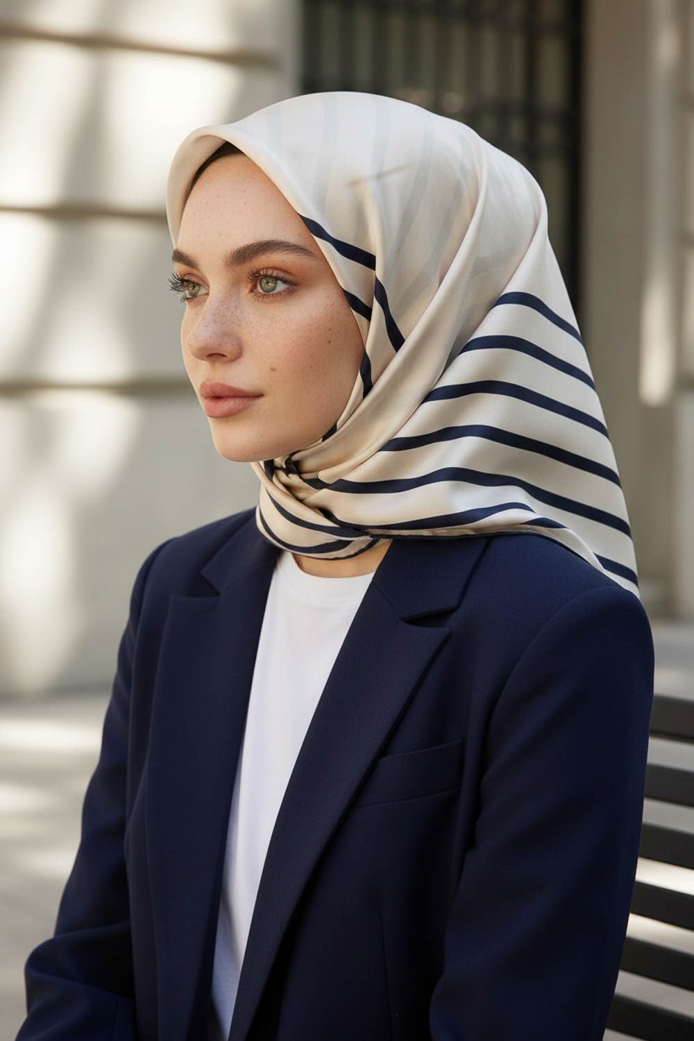 %100 Twill İpek Çizgili Desenli Krem -  Lacivert Renkli 90x90 Eşarp Dikim Şekli : El Dikişi