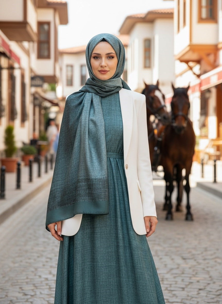 %100 Saf İpek Şal İnce Saten Vual Dokuma Damask Desenli Mint Yeşili Renkli 90x210 Şal