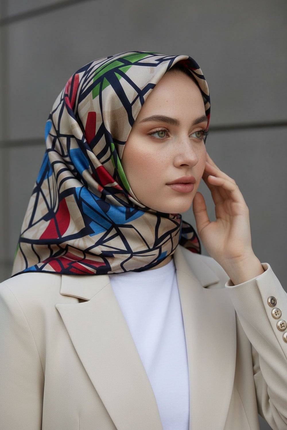 %100 Twill Renkli Petek Desenli Kırmızı - Saks Renkli 90x90 Eşarp Dikim Şekli: El Dikişii