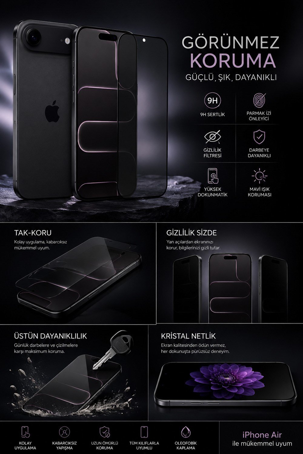 İPhone 17 Pro Max Hayalet Ekran Koruyucu % 100 Cam (Temperli)  Kolay Kurulum Aparatlı