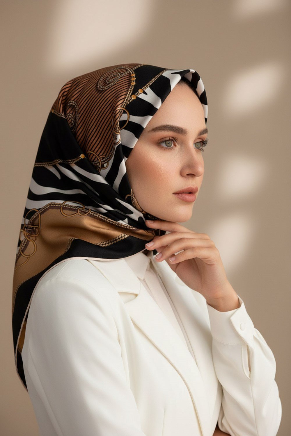 %100 Twill İpek Zincirli Ve Zebra Desenli Bej - Siyah Renkli 90x90 Eşarp Dikim Şekli : El Dikişi