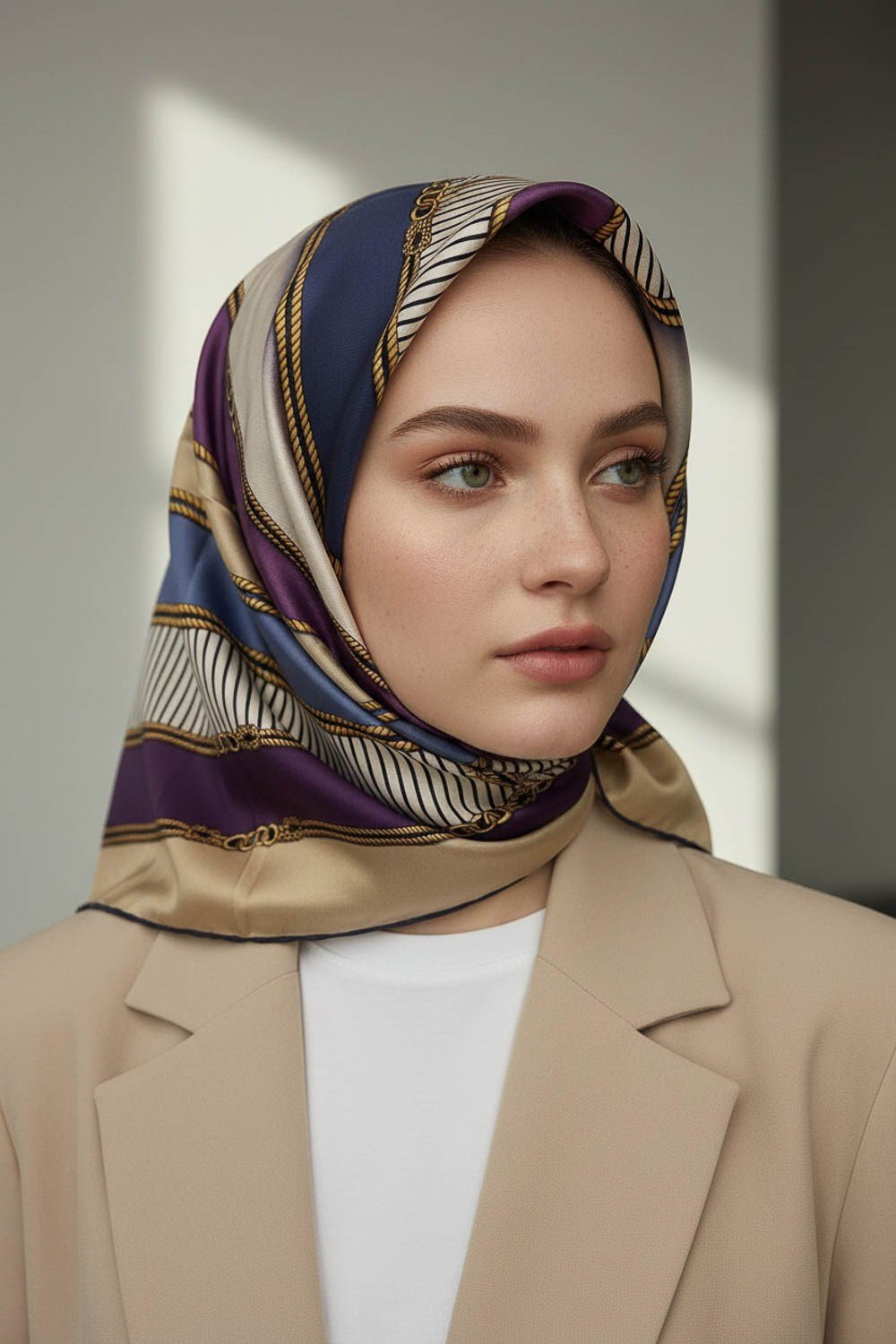 %100 Twill İpek Zincir Detaylı Geometrik Desenli İndigo - Mor Renkli 90x90 Eşarp Dikim Şekli : El Dikişi