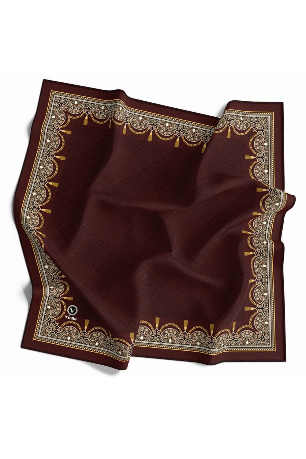 Twill Yumuşak Dokulu Kenar Motifi Şal Desenli Bordo Renkli 90x90 Eşarp (İpek İçermez) Dikim Şekli : El Dikişi