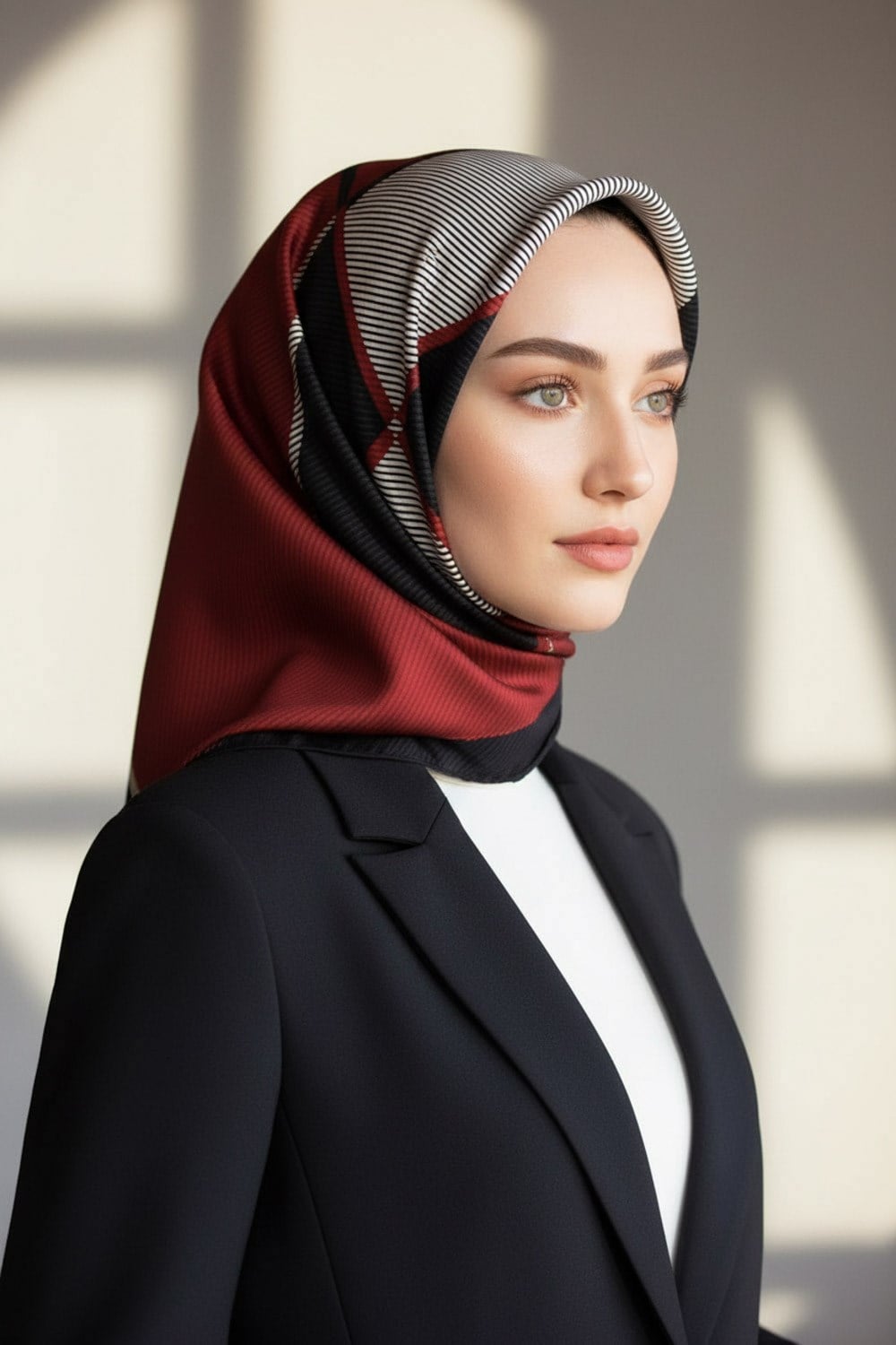 %100 Twill İpek Geometrik Desenli Bordo Renkli 90x90 Eşarp Dikim Şekli : El Dikişi