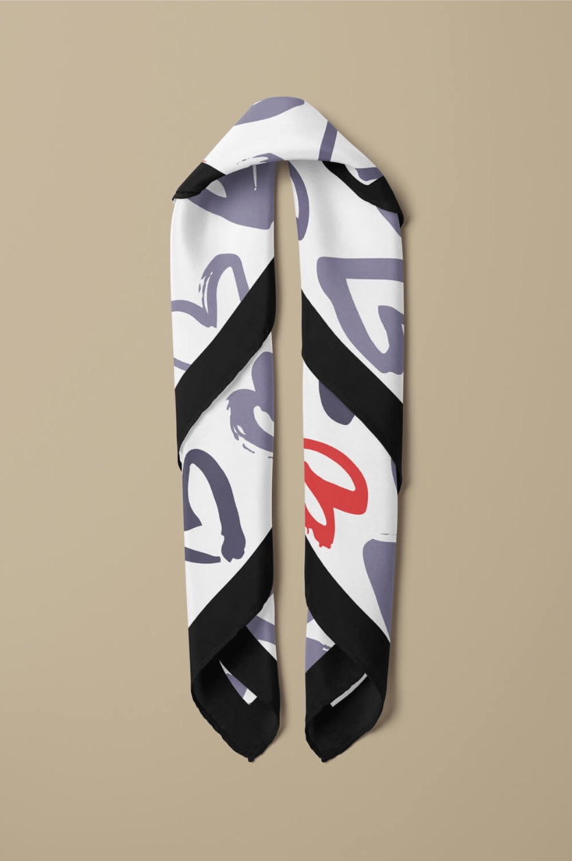 D119 Kadın Kalp Desenli Bandana 50x50 Kırmızı Gri - DG0386