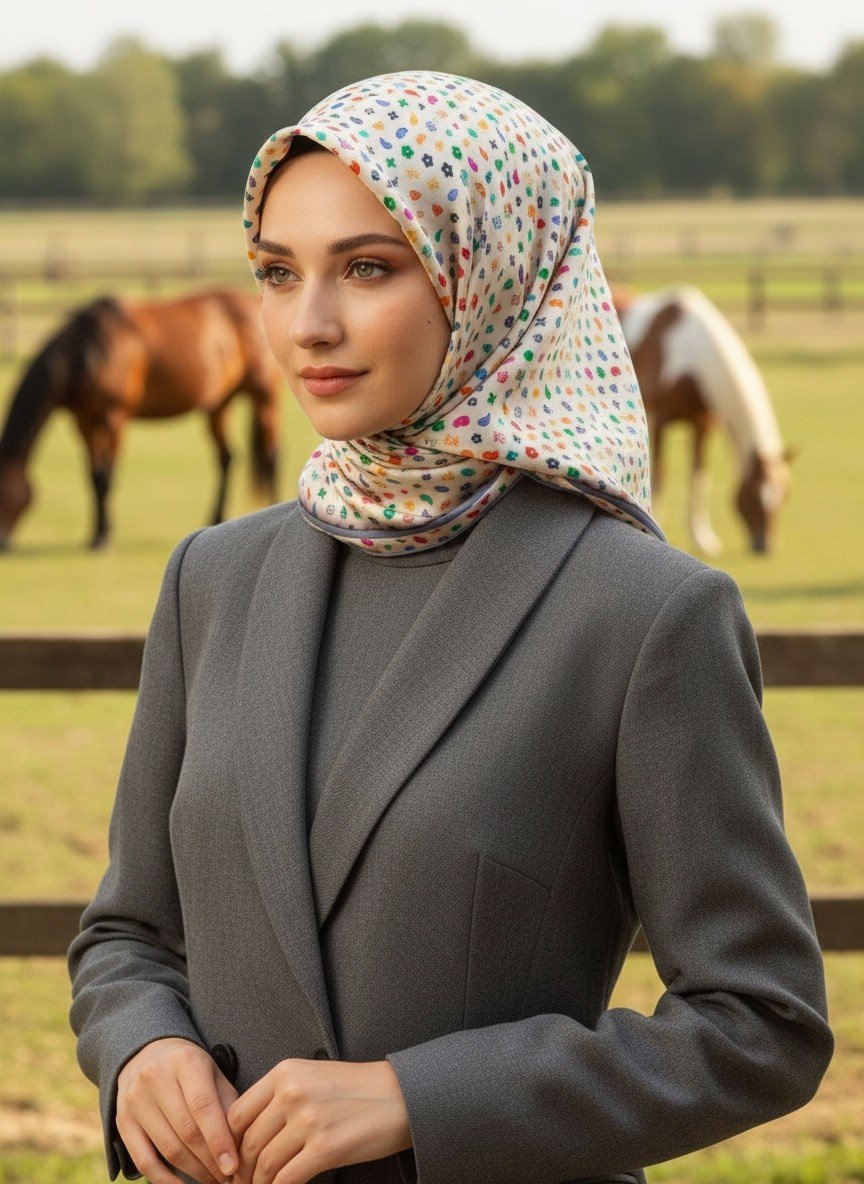 %100 Twill İpek Çıtır Desenli Krem - İndigo Renkli 90x90 Eşarp Dikim Şekli : El Dikişi