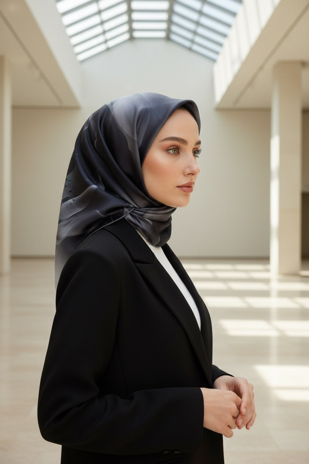 %100 Twill İpek Çiçek Desenli Gümüş Renkli 90x90 Eşarp Dikim Şekli : El Dikişi