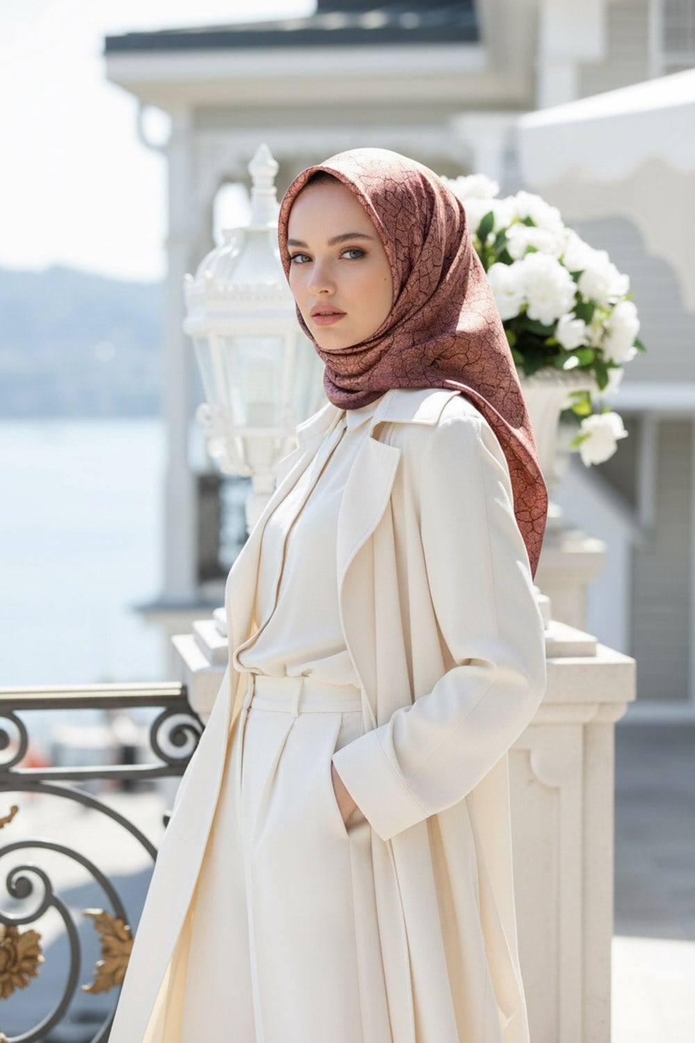 % 57 İPEK % 43 VİSKON Twill İpek Bulut  Desenli Bakır Renkli 90x90 Eşarp Dikim Şekli : El Dikişi