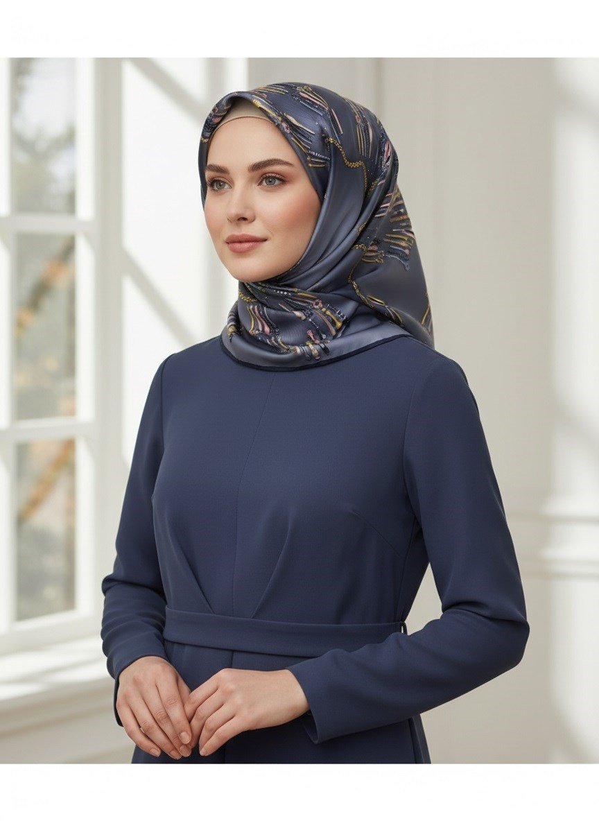 %100 Twill İpek Zincir Desenli Füme Renkli 90x90 Eşarp Dikim Şekli : El Dikişi