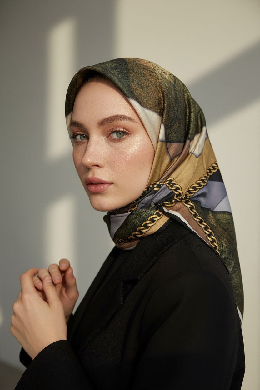 % 57 İPEK % 43 VİSKON Twill İpek Taş Efekti Desenli Gri - Siyah Renkli 90x90 Eşarp Dikim Şekli : El Dikişi
