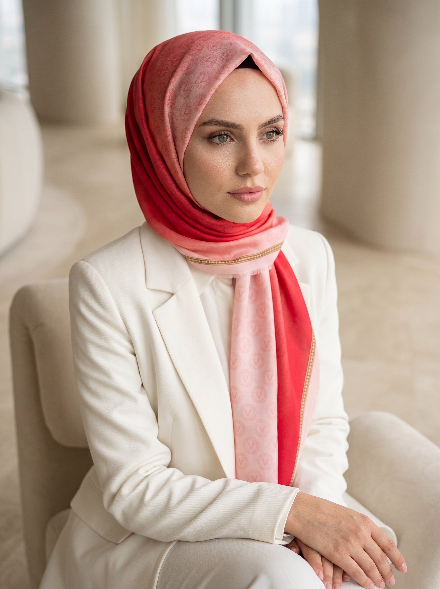 %100 Saf İpek Şal İnce Saten Vual Dokuma Degradeli Ve Monogram Desenli Pudra - Gold Renkli 90x210 Şal