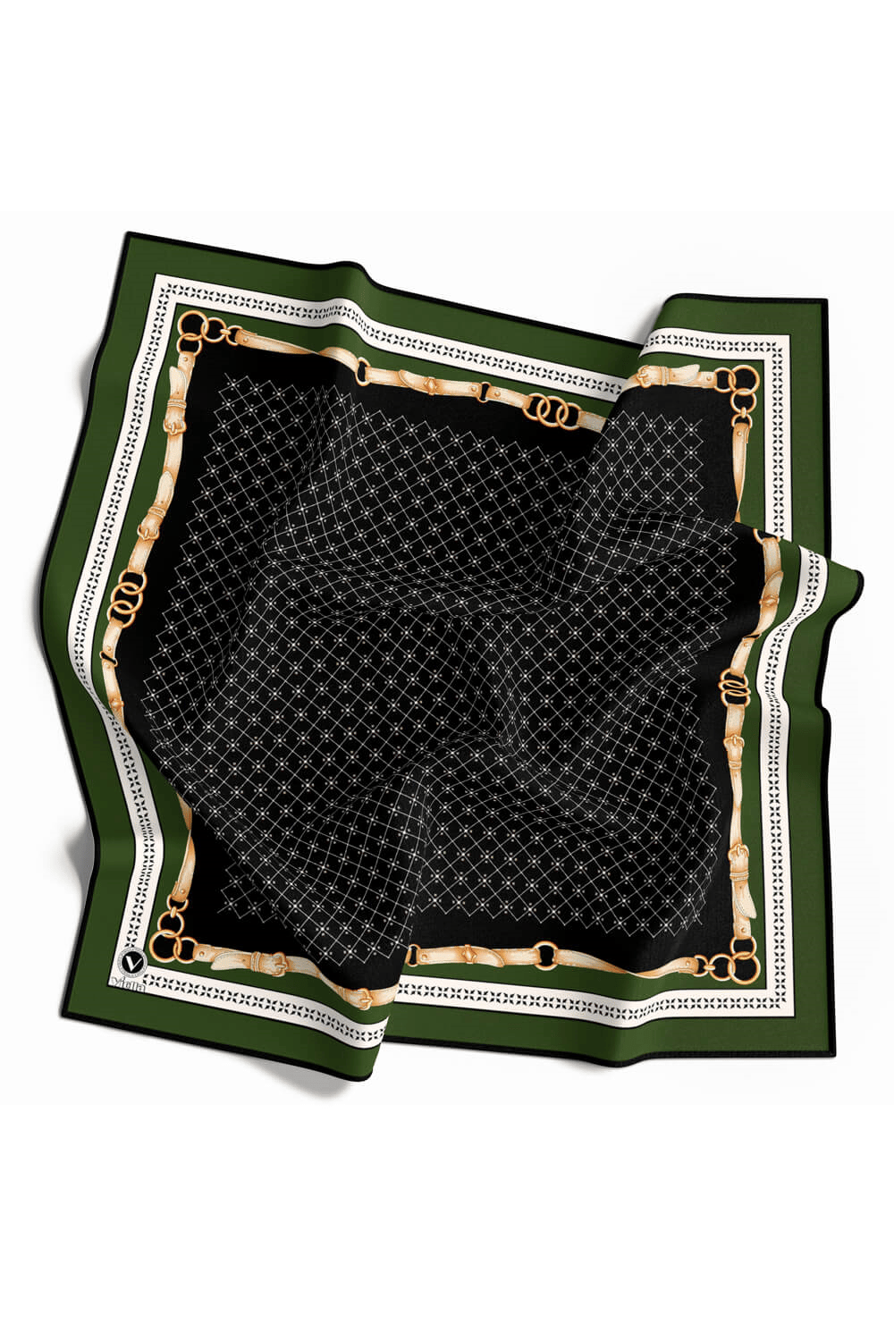 Twill Kemerli ve Çıtır Motifli Desenli Zümrüt Yeşili Renkli 90x90 Eşarp (İpek İçermez) Dikim Şekli : El Dikişi