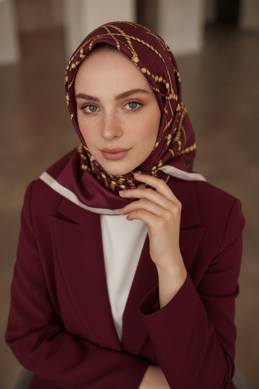 %100 Twill İpek İnci Desenli Bordo Renkli 90x90 Eşarp Kenar Dikiş Şekli : El Dikişli