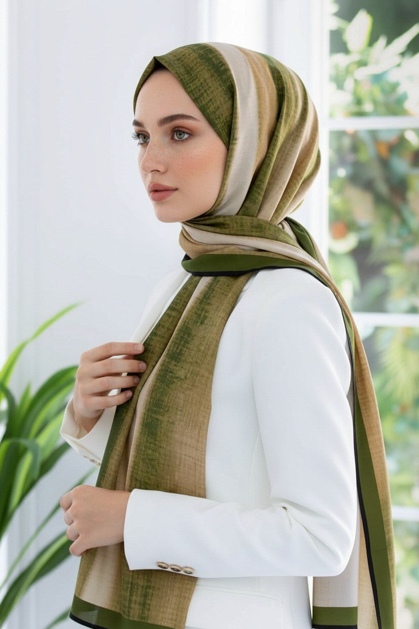 KREP BATİK DESENLİ HAKİ RENKLİ 75X195 KIRIŞMAZ ŞAL