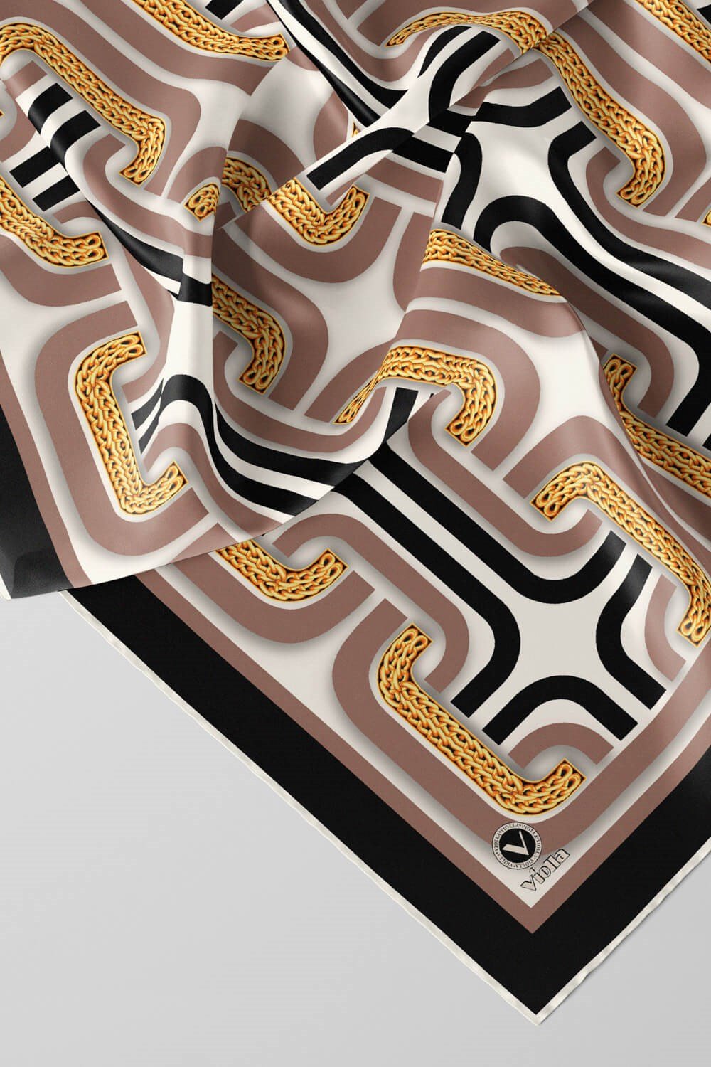 Twill Geometrik Zincir Desenli Bej Renkli 90x90 Eşarp (İpek İçermez) Kenar Dikiş Şekli El Dikişli
