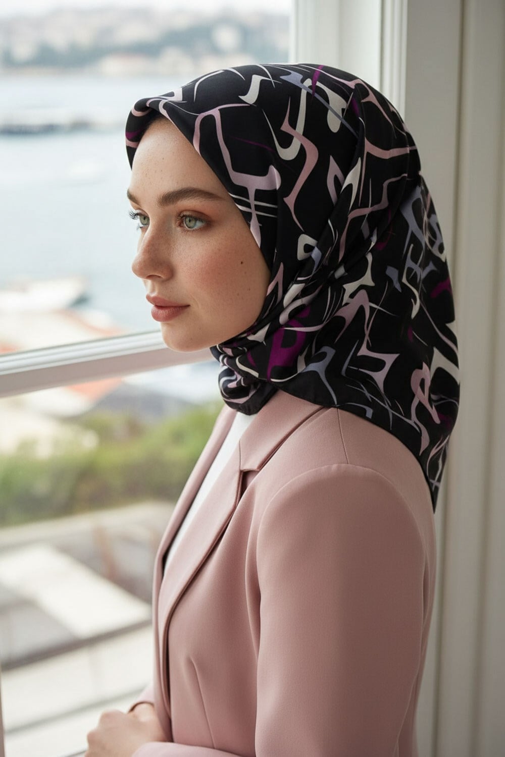 %100 Twill İpek Soyut Geometrik Desenli Mürdüm - Pudra Renkli 90x90 Eşarp Dikim Şekli : El Dikişi