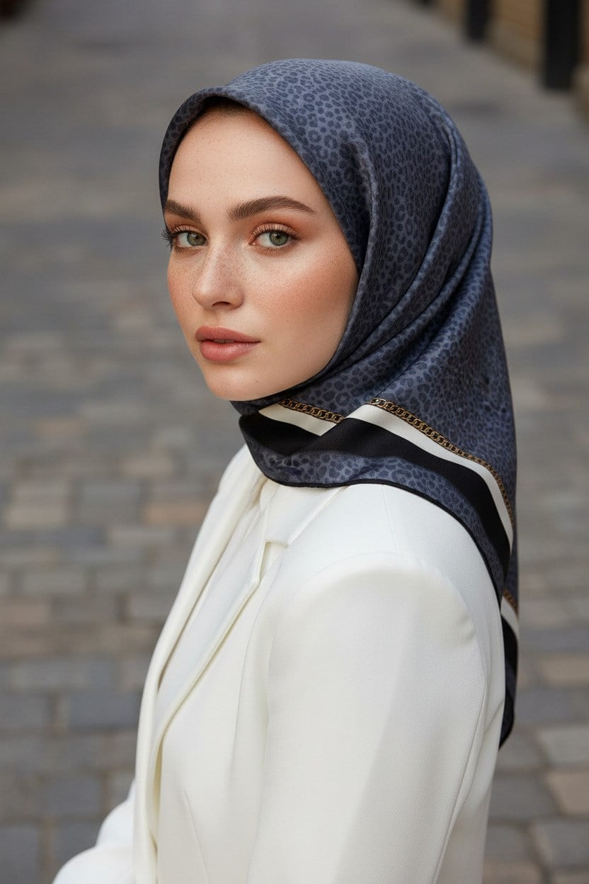 % 57 İPEK % 43 VİSKON Twill İpek Leopar Desenli Gri Renkli 90x90 Eşarp Dikim Şekli : El Dikişi