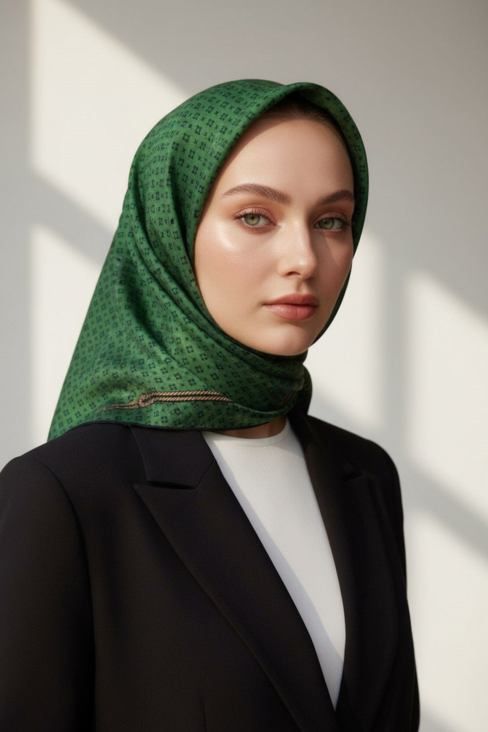 %100 Twill İpek Zincir Desenli Zümrüt Yeşili - Siyah Renkli 90x90 Eşarp Dikim Şekli : El Dikişi