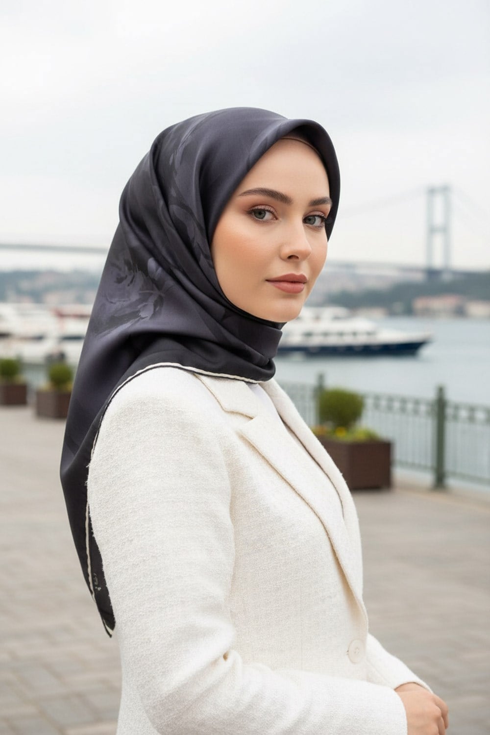 100% Twill İpek Çiçek Desenli Füme Renkli 90x90 Dikim Şekli : El Dikişi Eşarp