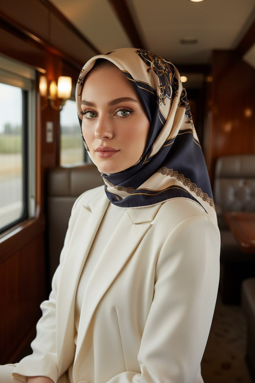 % 57 İPEK % 43 VİSKON Twill İpek Barok Desenli Lacivert - Krem Renkli 90x90 Eşarp Dikim Şekli : El Dikişi