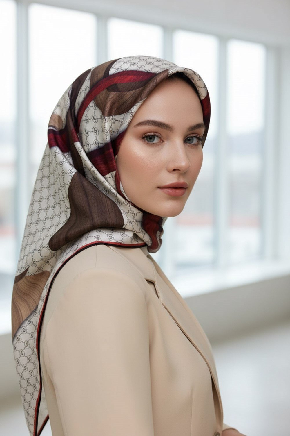 100% Twill Geometrik Halka Desenli Bordo - Vizon Renkli 90x90 Dikim Şekli : El Dikişi Eşarp