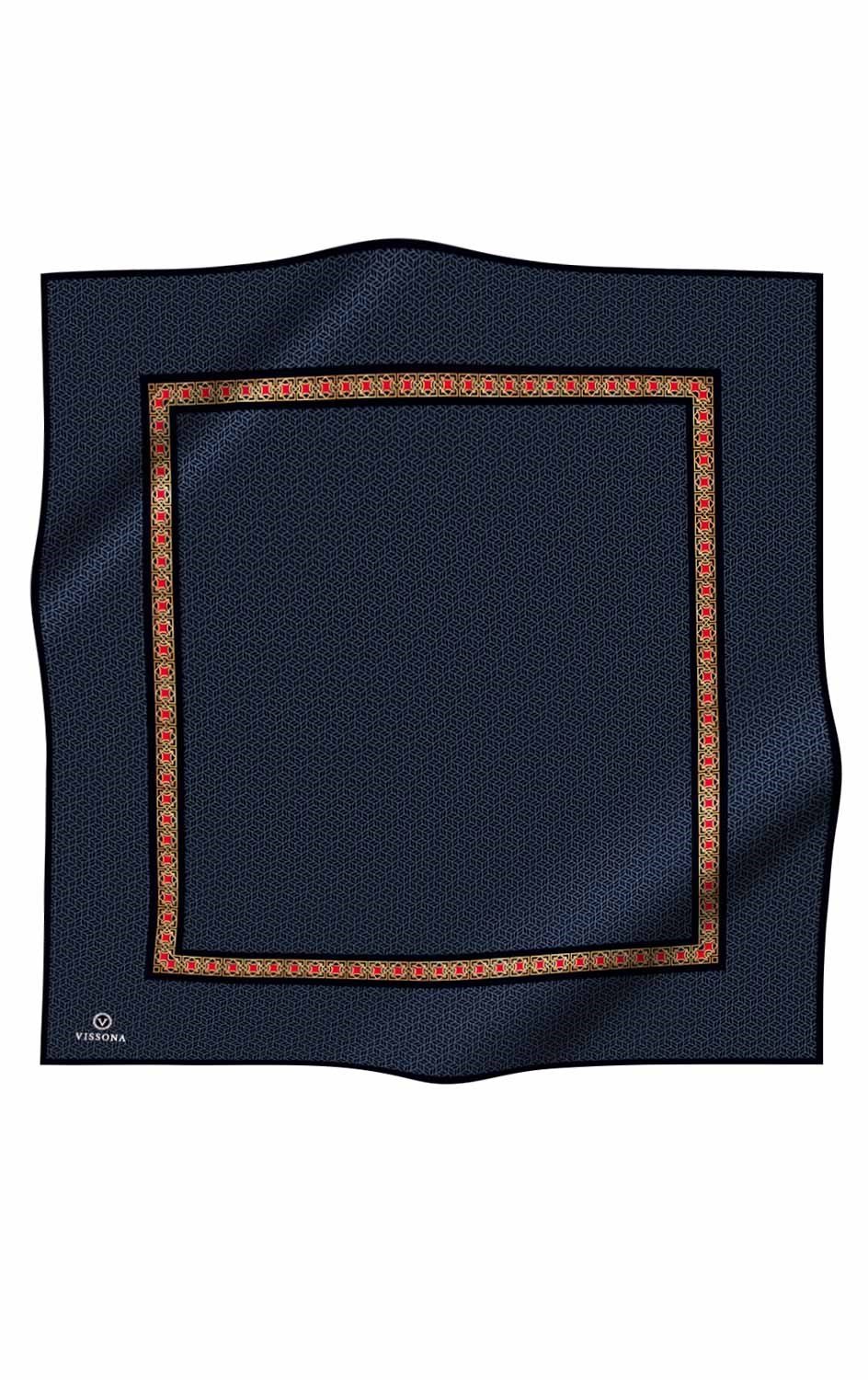 % 57 İPEK % 43 VİSKON Twill İpek Geometrik Desenli İndigo - Siyah Renkli 90x90 Eşarp Dikim Şekli : El Dikişi